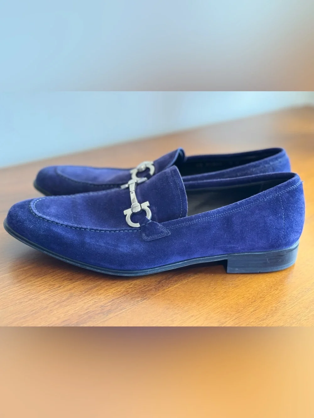 Salvatore Ferragamo Blue Suede Gancini Bit Loafers - Size 9 D